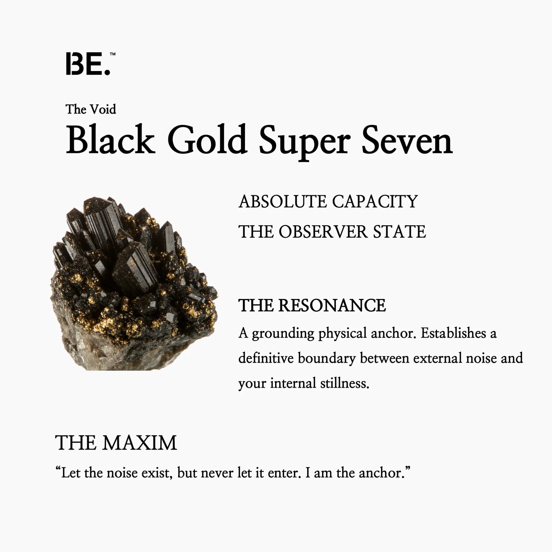 The Resonance Card for BE. Black Gold Super Seven, detailing its connection to The Void collection and absolute capacity.