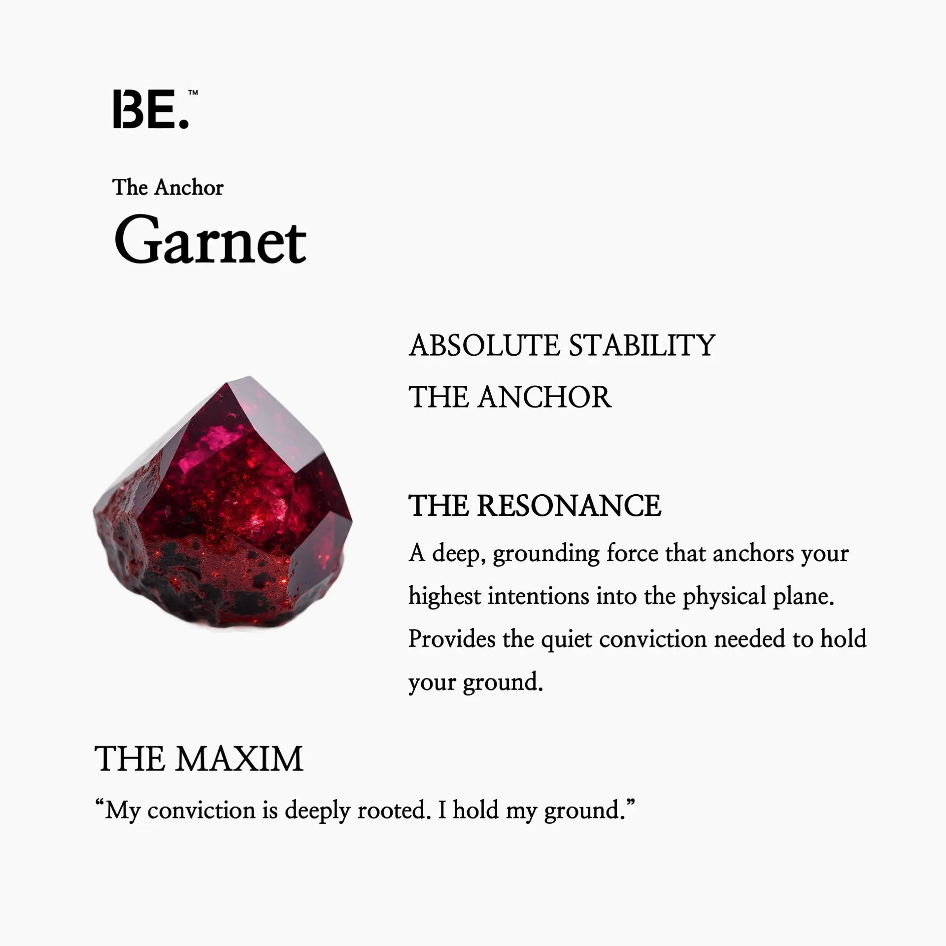 The Resonance Card for BE. Garnet, detailing its connection to The Anchor collection and absolute stability.