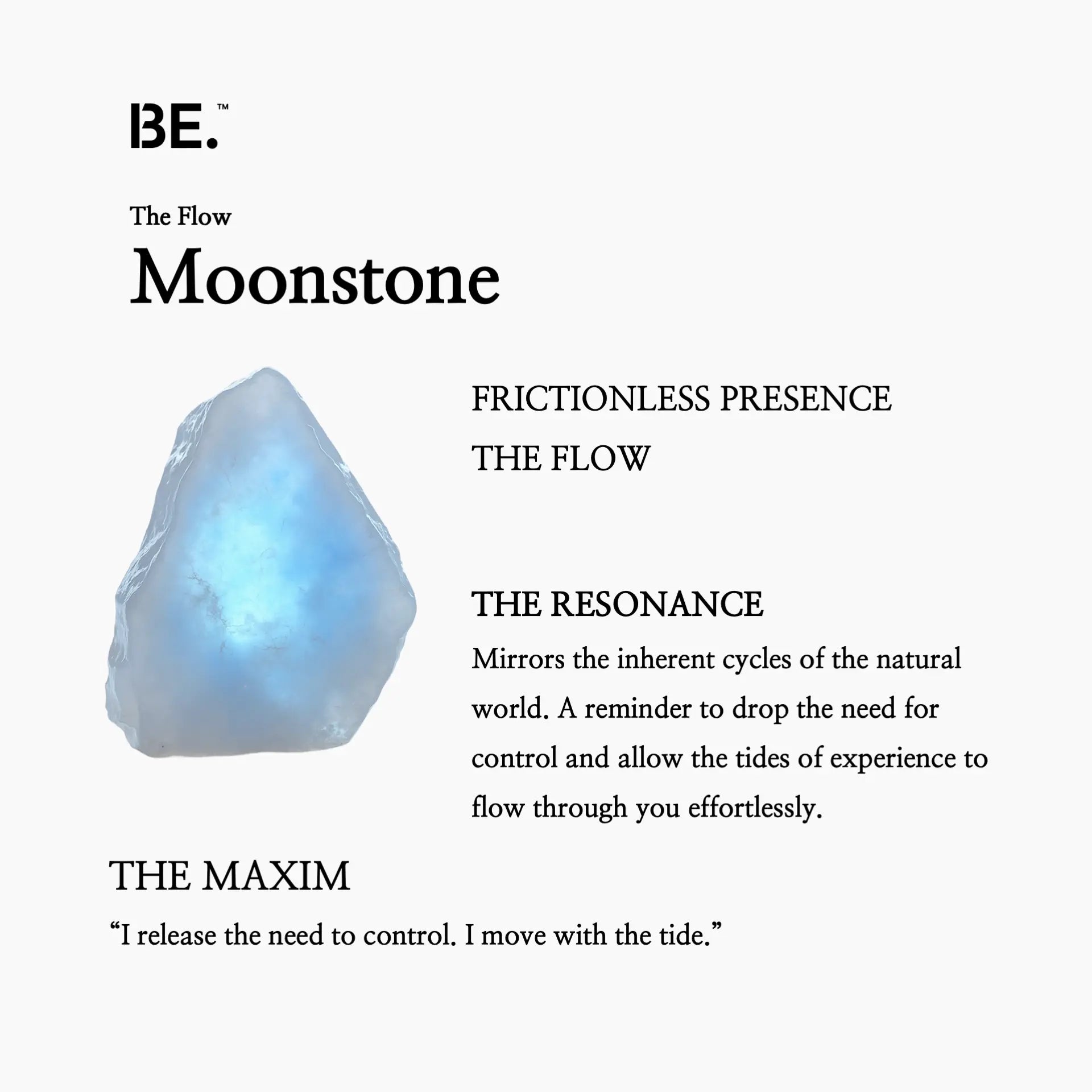 The Resonance Card for BE. Moonstone, detailing its connection to The Flow collection and frictionless presence.