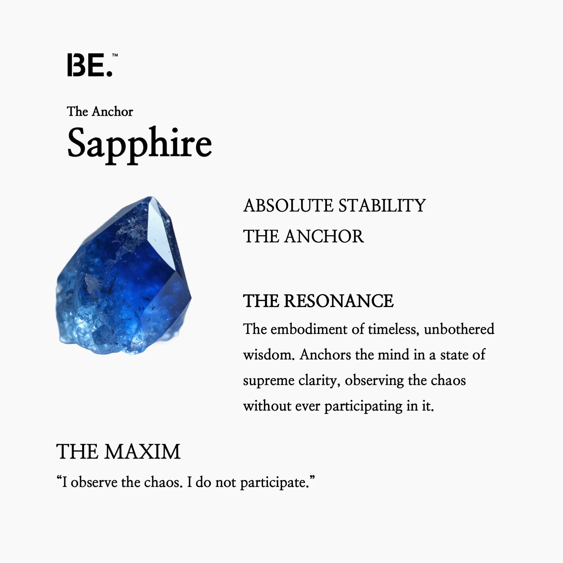 The Resonance Card for BE. Sapphire, detailing its connection to The Anchor collection and absolute stability.