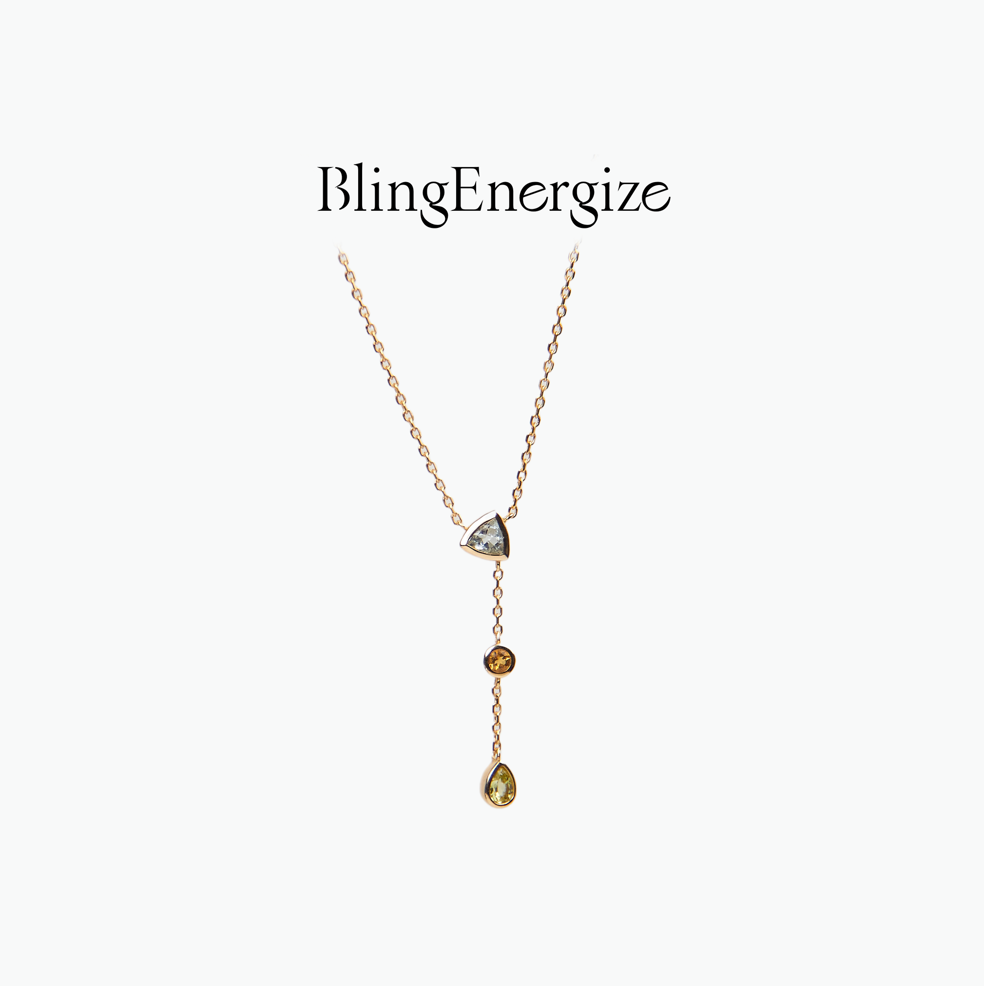 Necklace with gemstones on a white background, featuring the brand 'BlingEnergize'.
