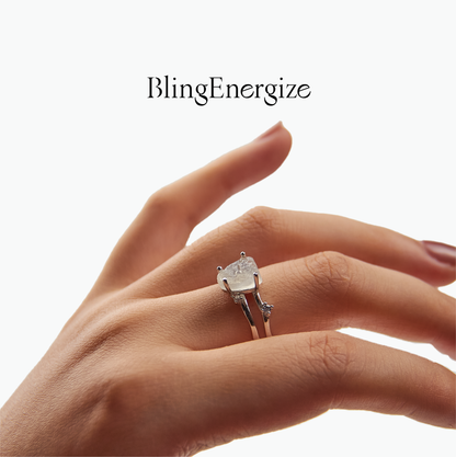 Diamond ring on a hand with 'BlingEnergize' branding.
