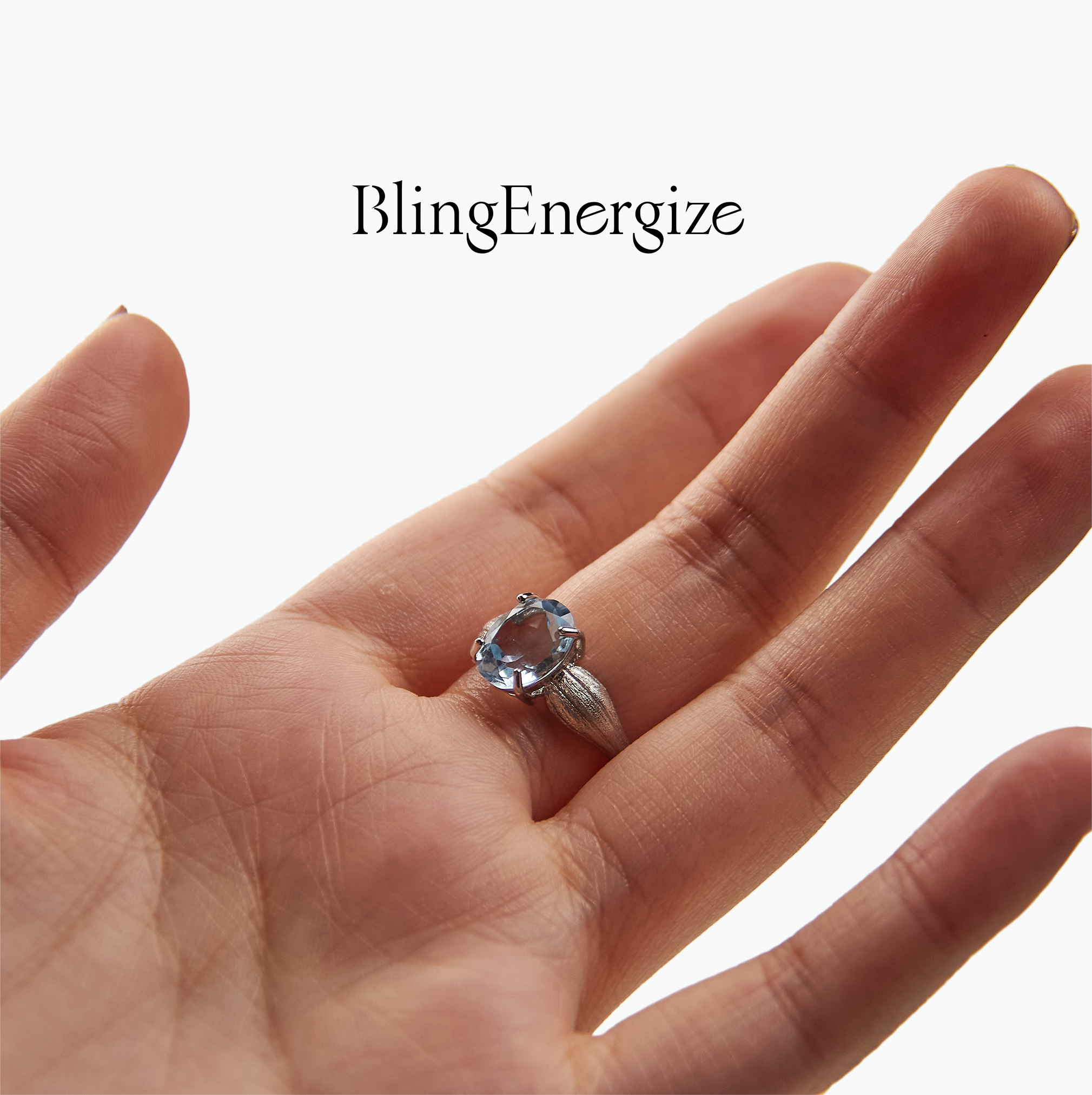 Blue Topaz Ring with Brushed Silver Band