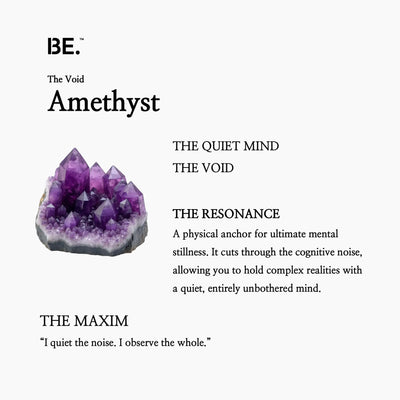 The Resonance Card for BE. Amethyst, detailing its connection to The Void collection and the quiet mind.