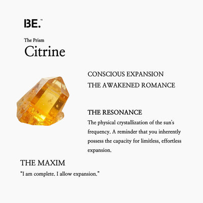 The Resonance Card for BE. Citrine, detailing its connection to The Prism collection and conscious expansion.
