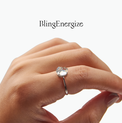 Hand wearing a silver ring with a clear gemstone on a white background, featuring the brand 'BlingEnergize'.